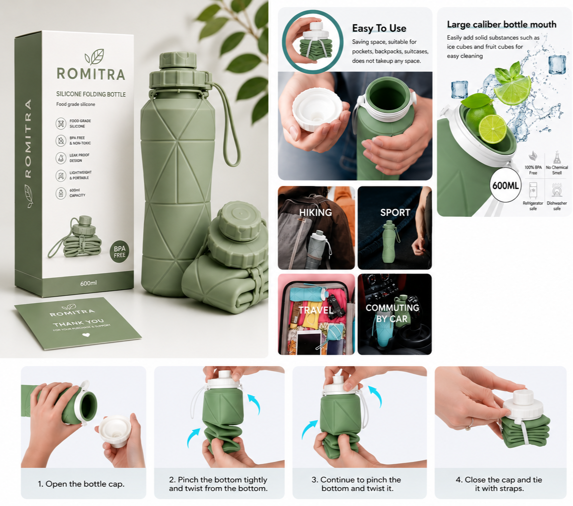 600ml Collapsible Silicone Water Bottle – BPA-Free Foldable Leakproof Travel Sports Bottle
