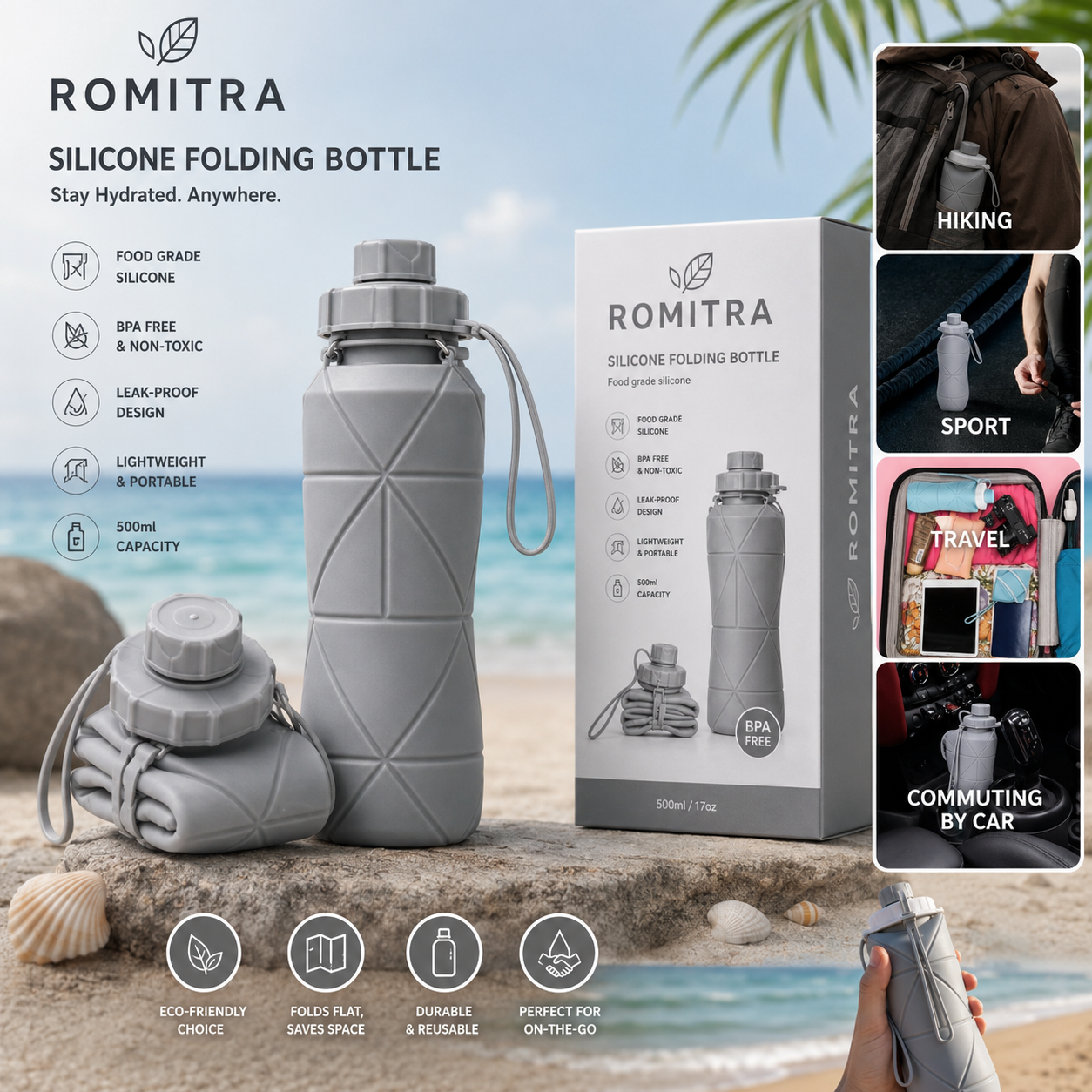 Premium Collapsible Silicone Water Bottle | Leakproof BPA-Free Foldable Travel Bottle (500ml)