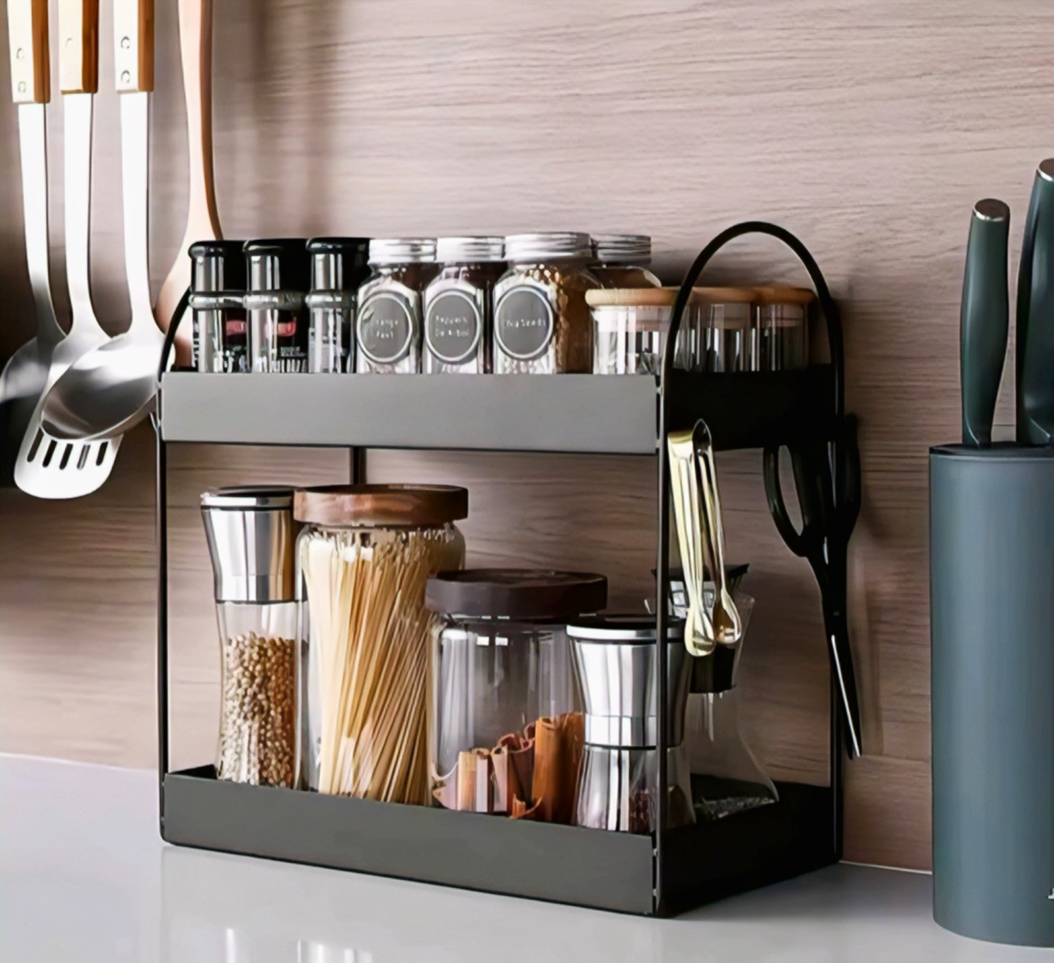 OONKRA Premium 2-Tier Kitchen Counter Organizer Rack | Metal Spice Rack & Storage Shelf | Multipurpose Storage Stand for Kitchen, Bathroom & Pantry | Black