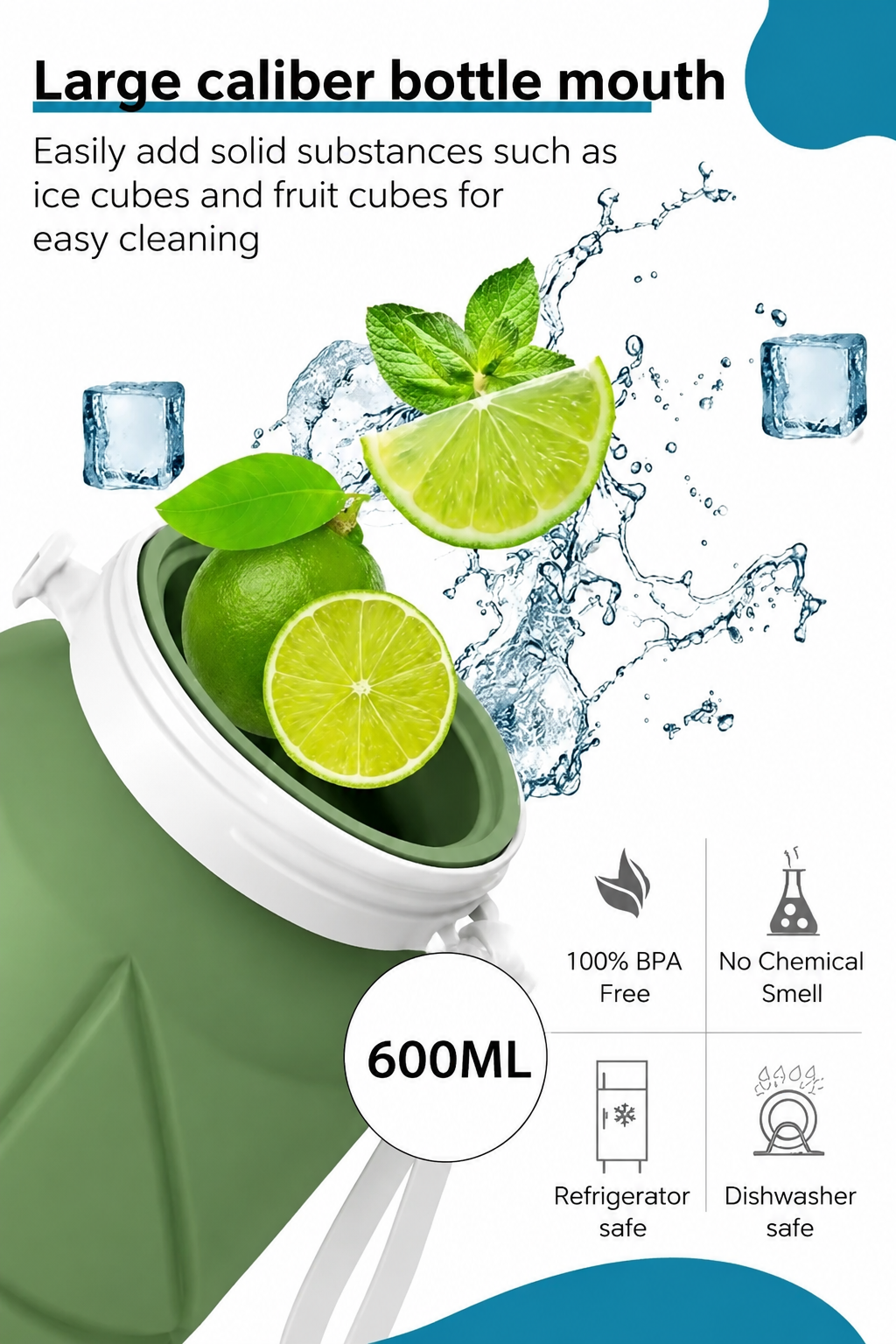 600ml Collapsible Silicone Water Bottle – BPA-Free Foldable Leakproof Travel Sports Bottle