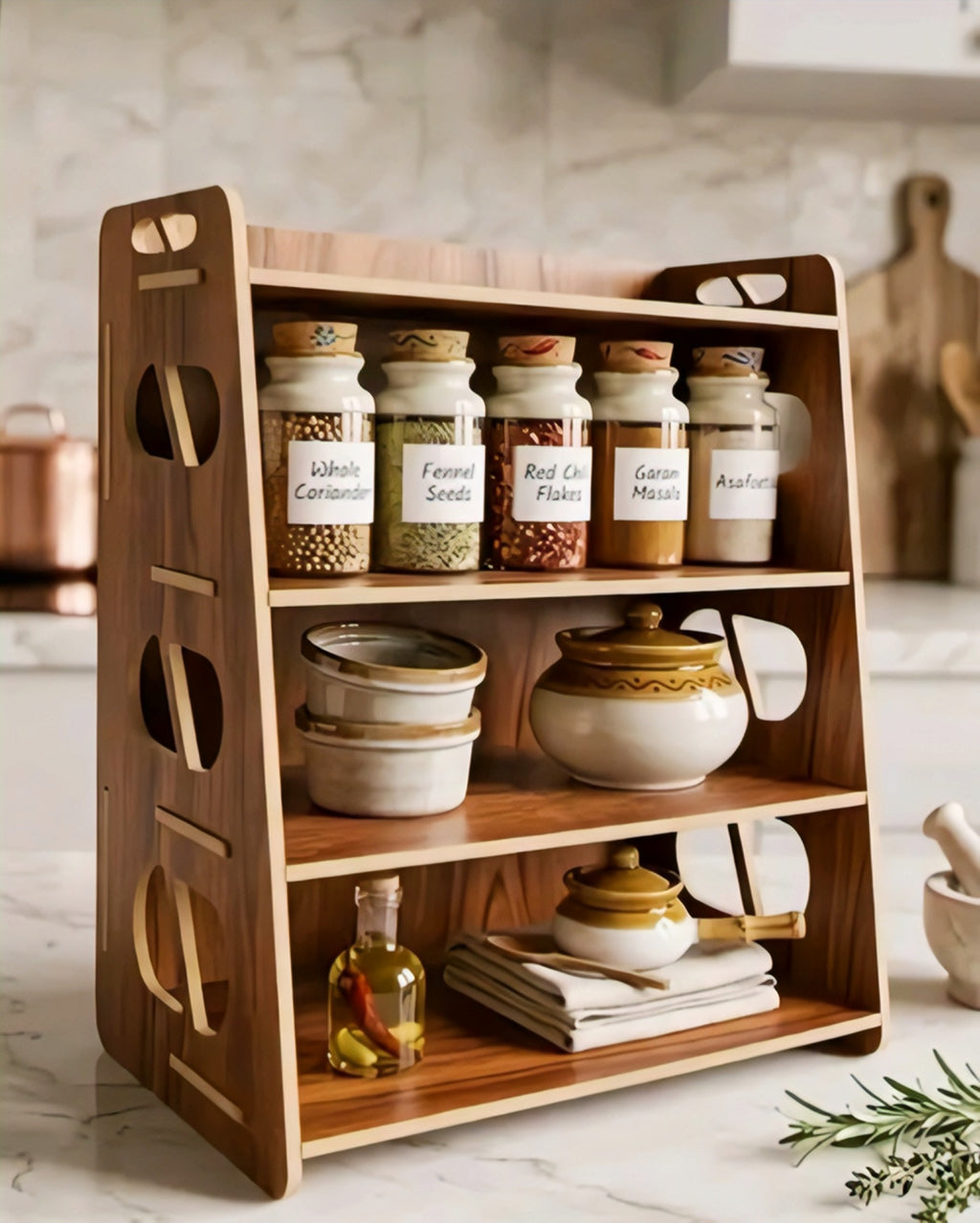 OONKRA Premium 4-Tier Wooden Kitchen Organizer Rack | Multipurpose Countertop Storage Shelf | Spice Rack, Pantry & Bathroom Organizer | Natural Wood Finish