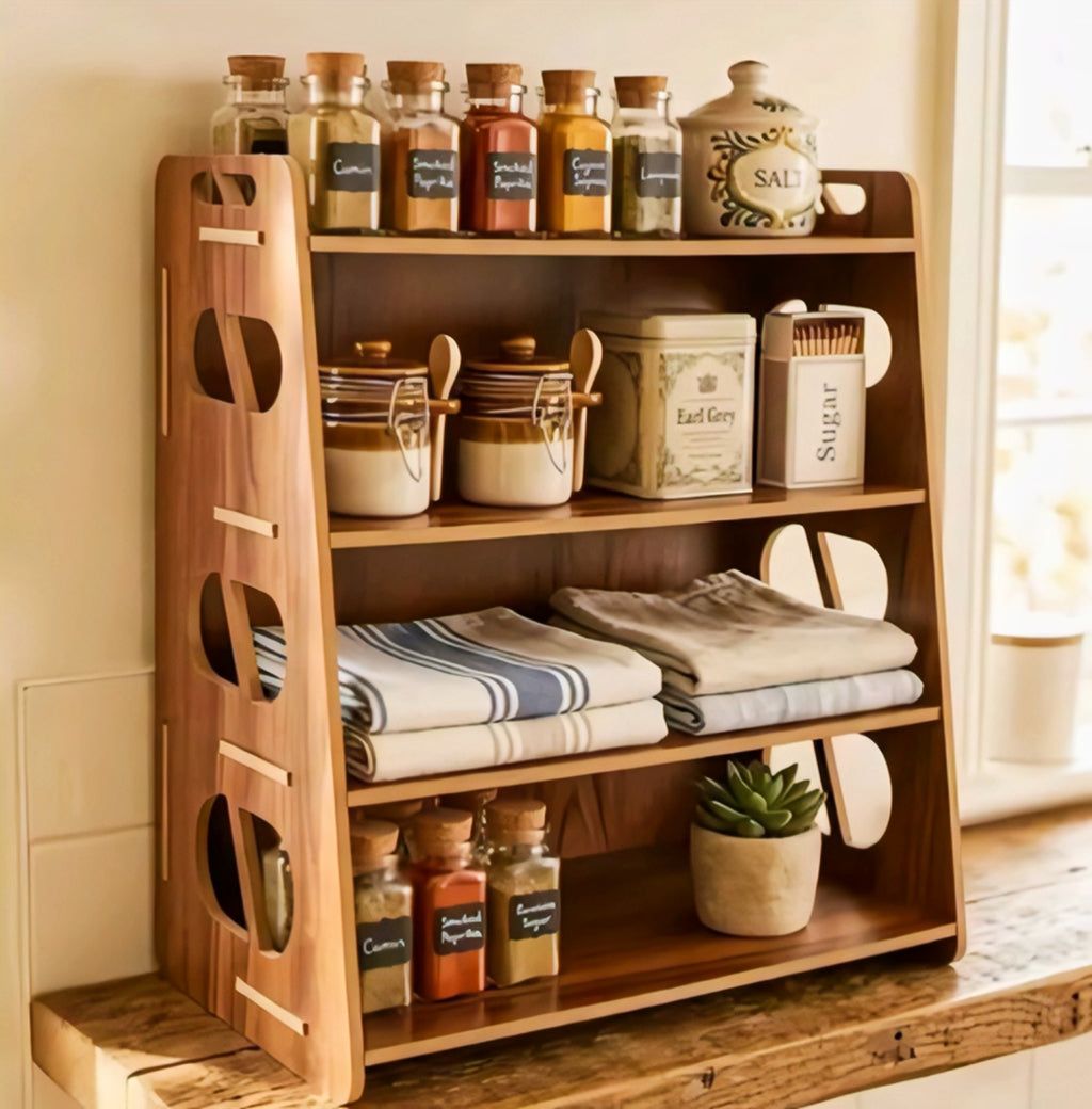 OONKRA Premium 4-Tier Wooden Kitchen Organizer Rack | Multipurpose Countertop Storage Shelf | Spice Rack, Pantry & Bathroom Organizer | Natural Wood Finish