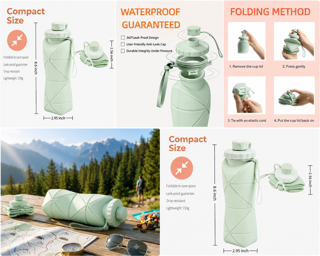 Collapsible Silicone Water Bottle Foldable Leak-proof BPA-Free Travel Sports Bottle (500ml)